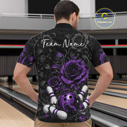 Custom Purple Roses Bowling Team Shirt, Flower Bowling Lover Men Quarter Zip Shirt Bowlers Gift IPHW12240
