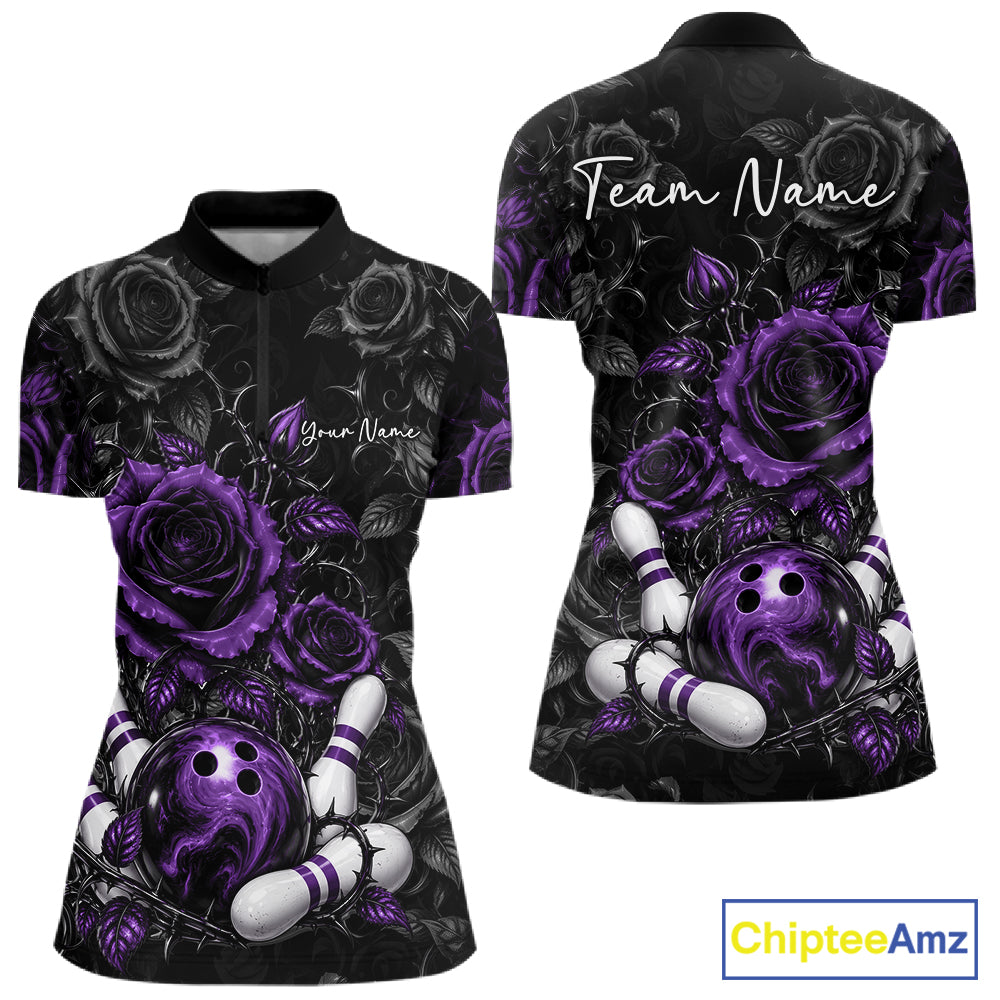 Custom Purple Roses Flower Bowling Lover Women Quarter-Zip Shirt Bowlers Gift IPHW12240