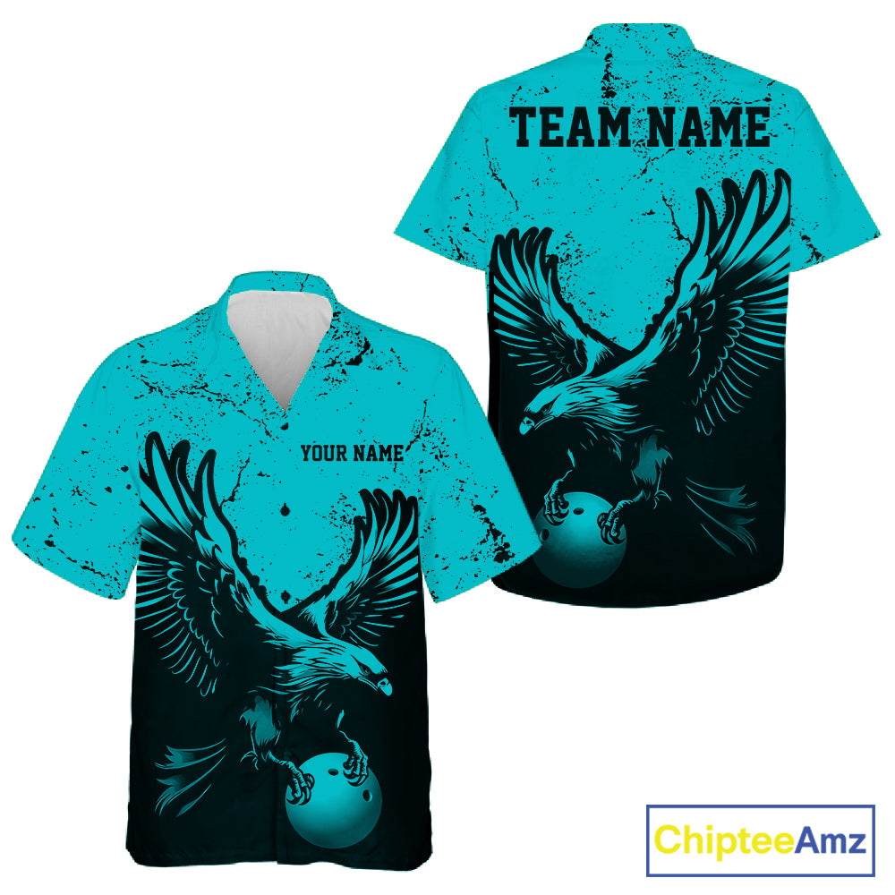 Custom Turquoise Eagle Bowling Men And Women Button Up Shirt, Grunge Bowling Jersey Team Uniform IPHW12709