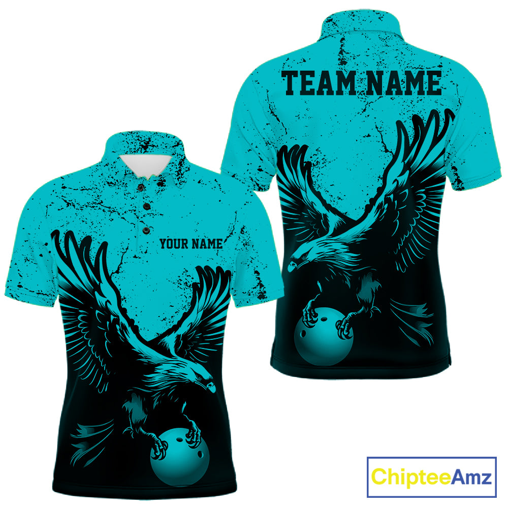 Custom Turquoise Eagle Bowling Men Polo Shirt, Grunge Bowling Jersey Team Uniform IPHW12709
