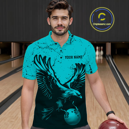 Custom Turquoise Eagle Bowling Men Polo Shirt, Grunge Bowling Jersey Team Uniform IPHW12709