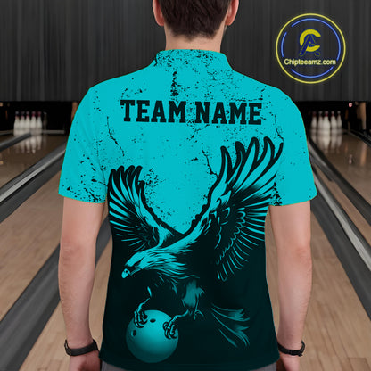 Custom Turquoise Eagle Bowling Men Polo Shirt, Grunge Bowling Jersey Team Uniform IPHW12709