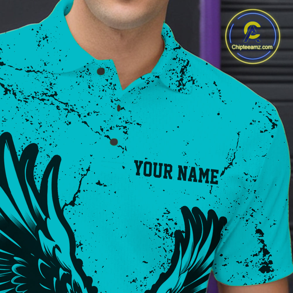 Custom Turquoise Eagle Bowling Men Polo Shirt, Grunge Bowling Jersey Team Uniform IPHW12709