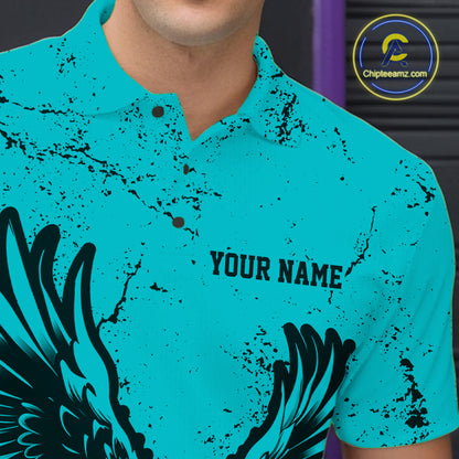 Custom Turquoise Eagle Bowling Men Polo Shirt, Grunge Bowling Jersey Team Uniform IPHW12709