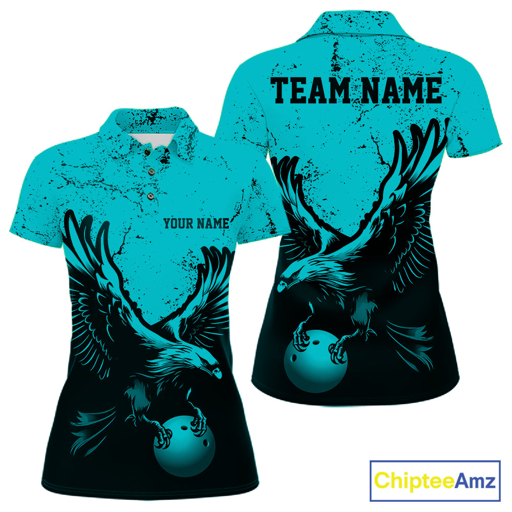 Custom Turquoise Eagle Bowling Women Polo Shirt, Grunge Bowling Jersey Team Uniform IPHW12709