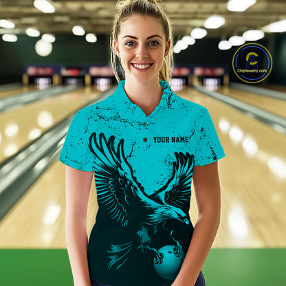 Custom Turquoise Eagle Bowling Women Polo Shirt, Grunge Bowling Jersey Team Uniform IPHW12709