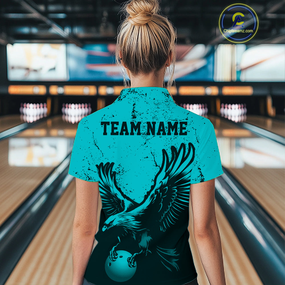 Custom Turquoise Eagle Bowling Women Polo Shirt, Grunge Bowling Jersey Team Uniform IPHW12709