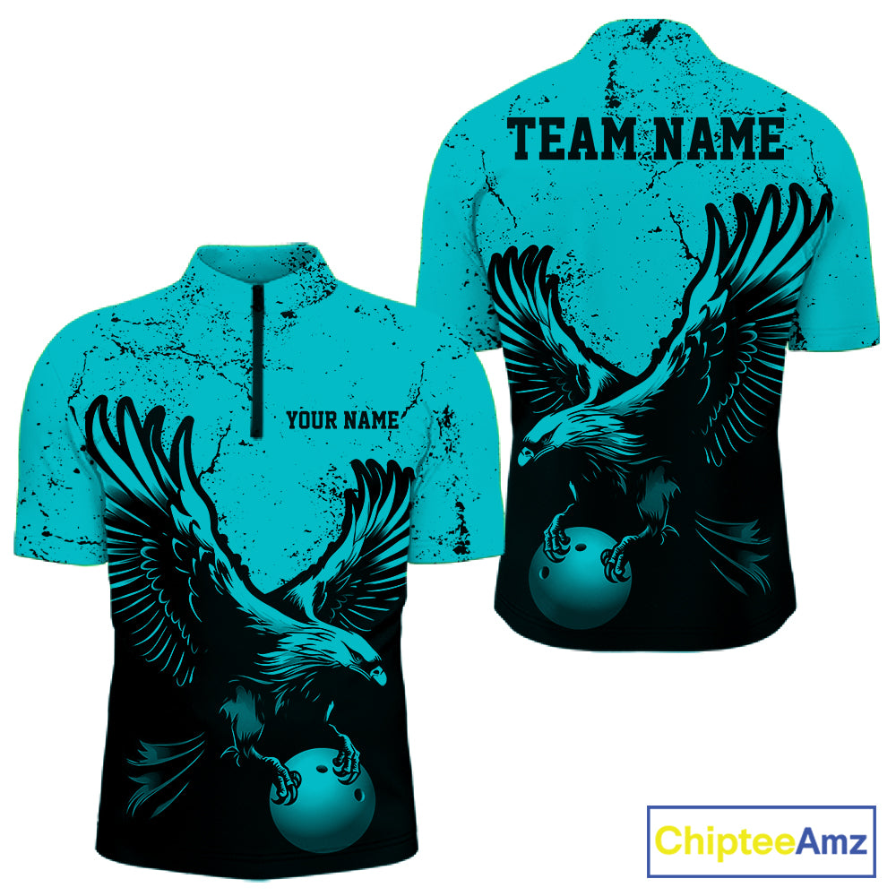 Custom Turquoise Eagle Bowling Men Quarter Zip Shirt, Grunge Bowling Jersey Team Uniform IPHW12709