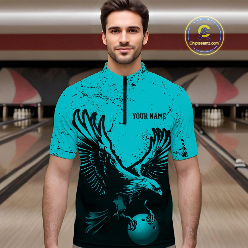 Custom Turquoise Eagle Bowling Men Quarter Zip Shirt, Grunge Bowling Jersey Team Uniform IPHW12709