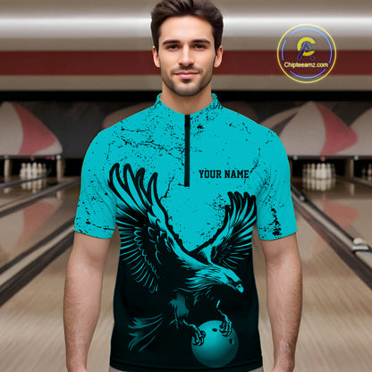 Custom Turquoise Eagle Bowling Men Quarter Zip Shirt, Grunge Bowling Jersey Team Uniform IPHW12709