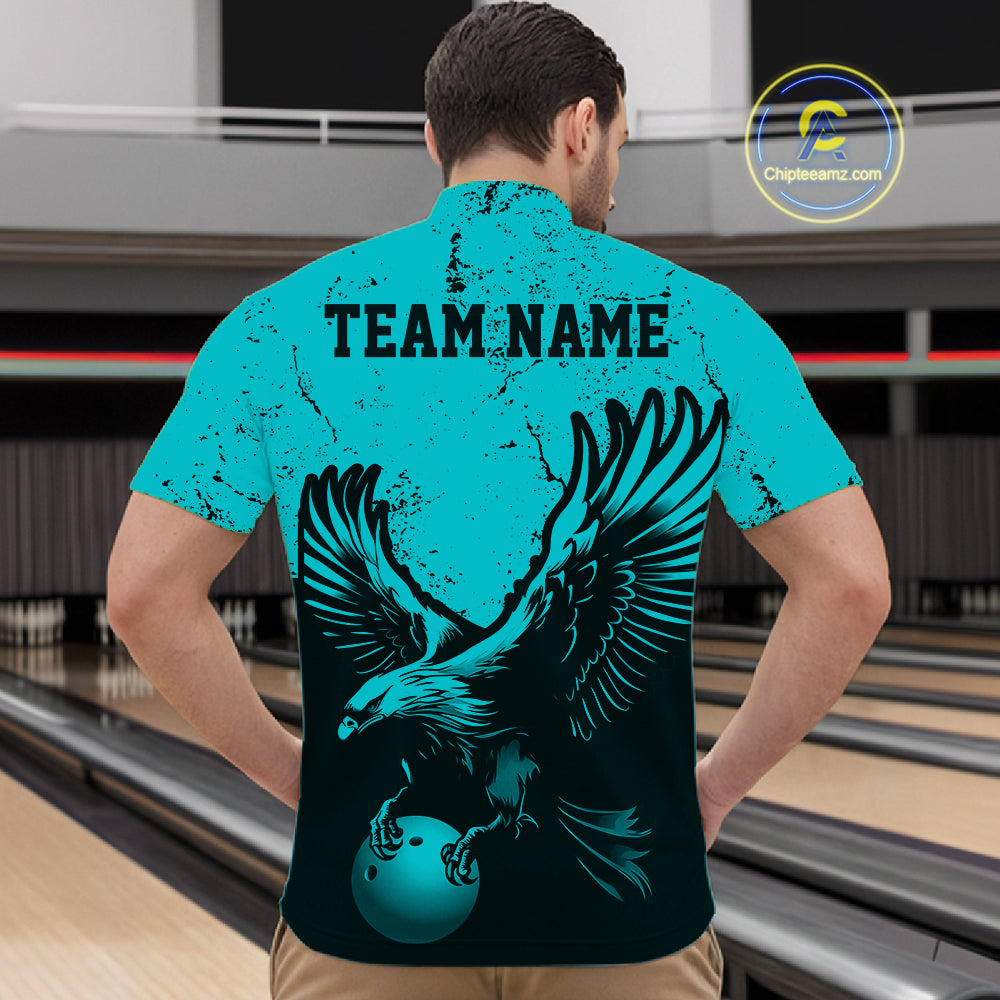 Custom Turquoise Eagle Bowling Men Quarter Zip Shirt, Grunge Bowling Jersey Team Uniform IPHW12709