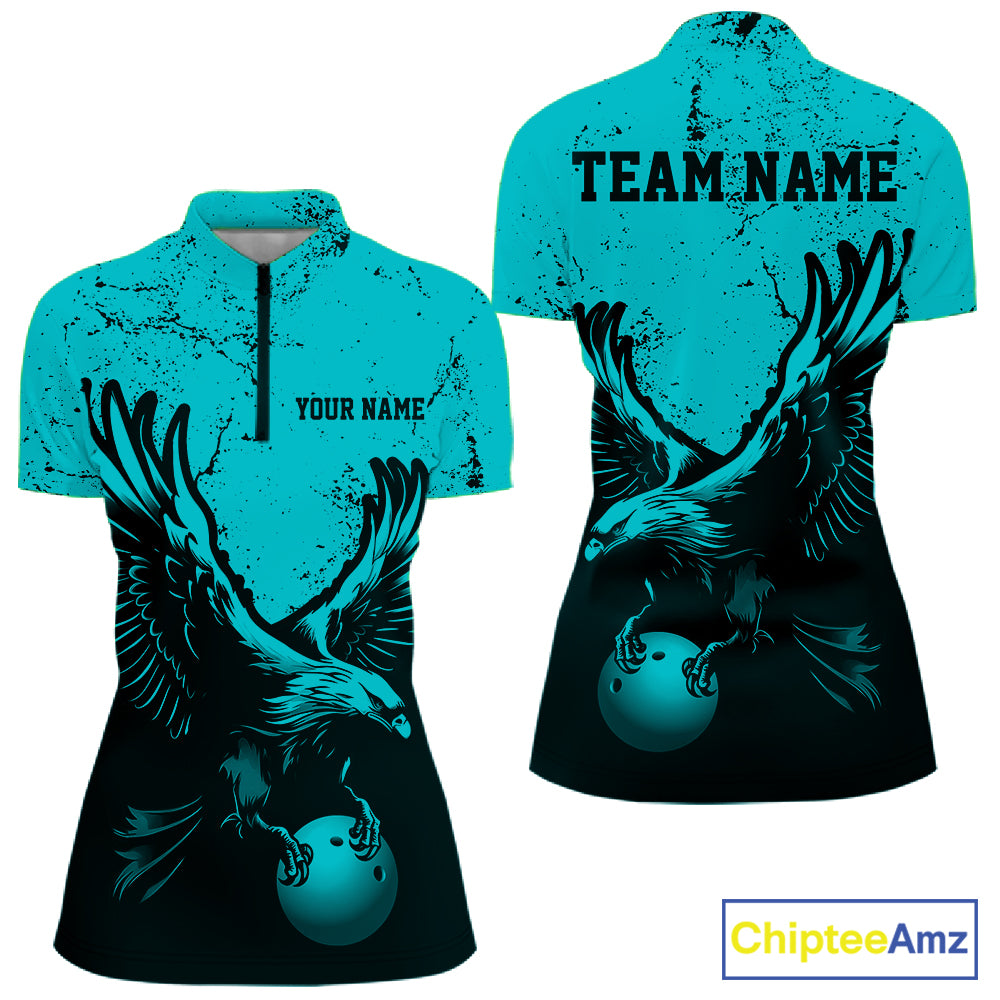 Custom Turquoise Eagle Bowling Women Quarter-Zip Shirt, Grunge Bowling Team Jersey IPHW12709