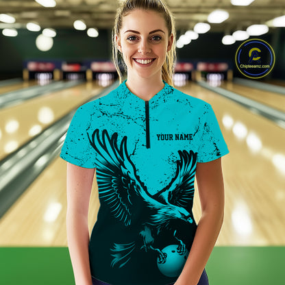 Custom Turquoise Eagle Bowling Women Quarter-Zip Shirt, Grunge Bowling Team Jersey IPHW12709