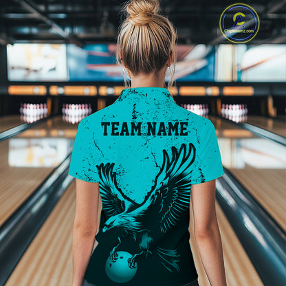 Custom Turquoise Eagle Bowling Women Quarter-Zip Shirt, Grunge Bowling Team Jersey IPHW12709