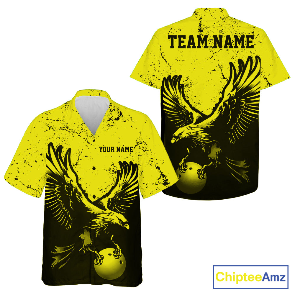 Custom Yellow Eagle Bowling Men And Women Button Up Shirt, Grunge Bowling Jersey Team Uniform IPHW12710