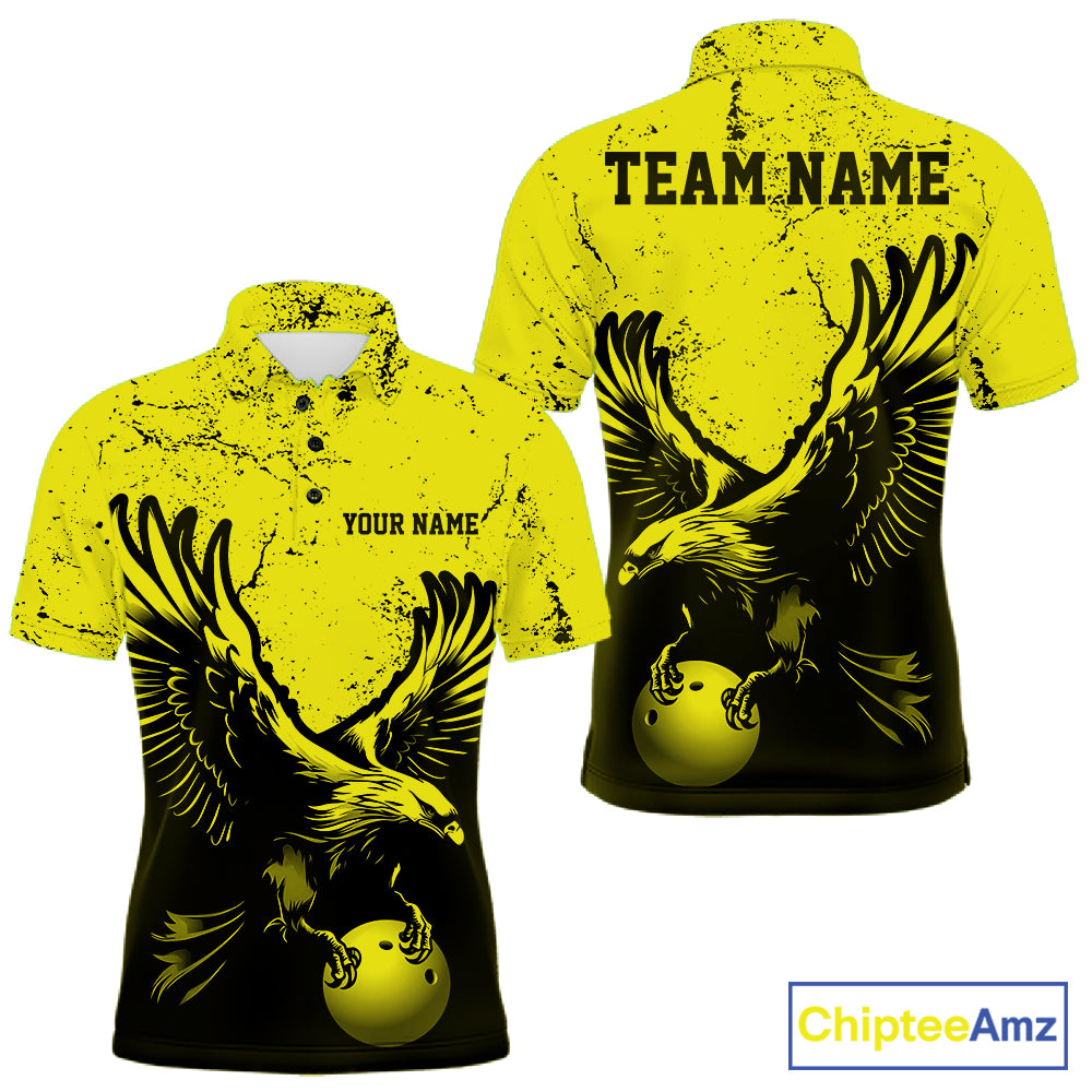 Custom Yellow Eagle Bowling Men Polo Shirt, Grunge Bowling Jersey Team Uniform IPHW12710