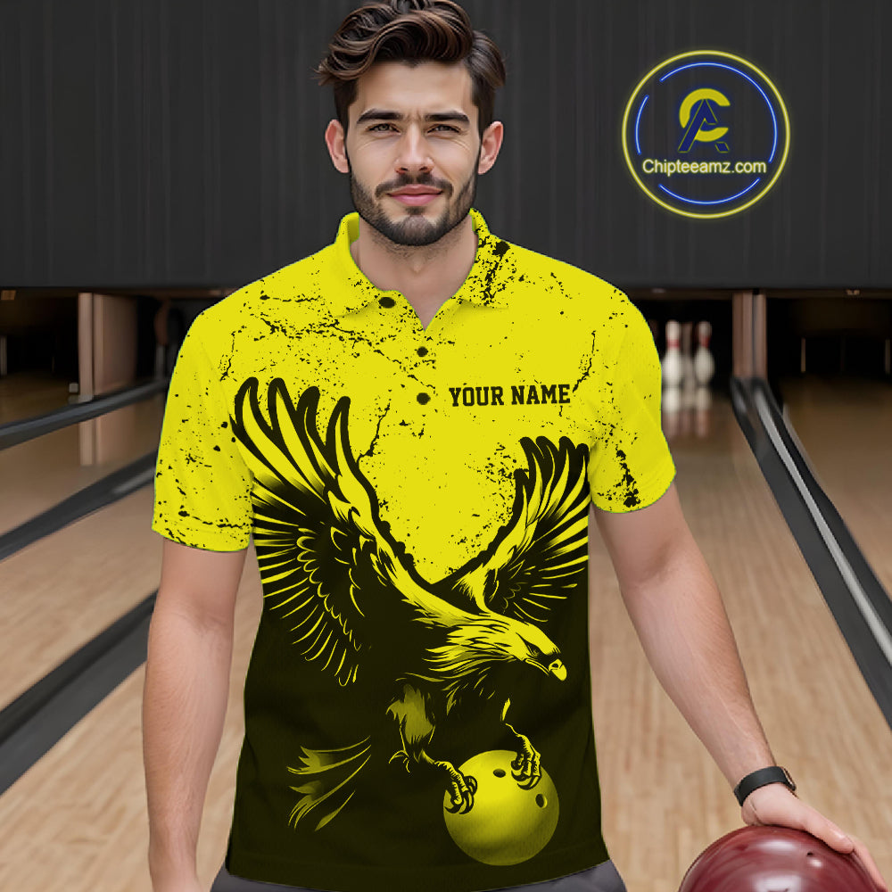 Custom Yellow Eagle Bowling Men Polo Shirt, Grunge Bowling Jersey Team Uniform IPHW12710