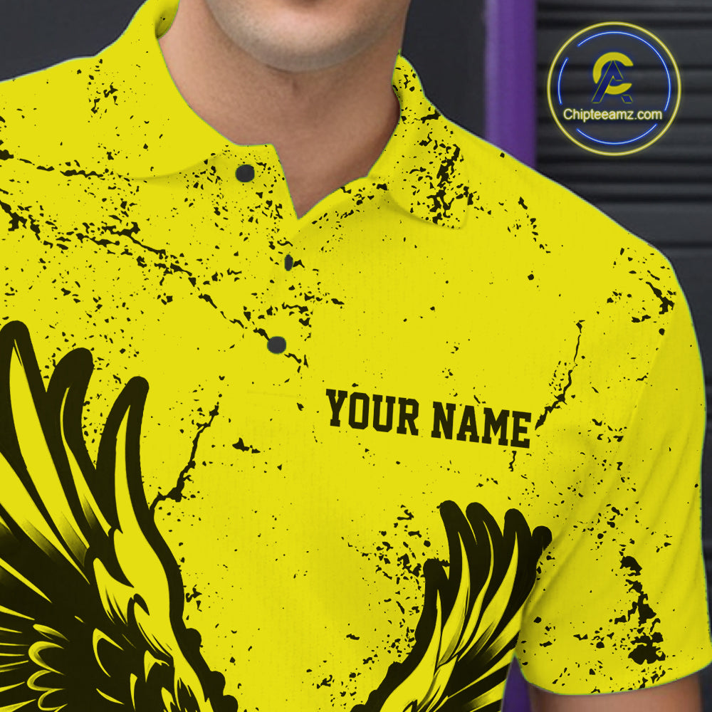 Custom Yellow Eagle Bowling Men Polo Shirt, Grunge Bowling Jersey Team Uniform IPHW12710
