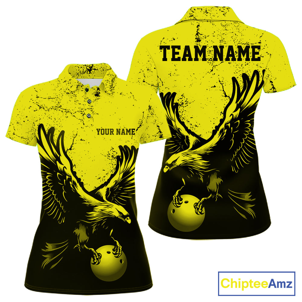 Custom Yellow Eagle Bowling Women Polo Shirt, Grunge Bowling Jersey Team Uniform IPHW12710