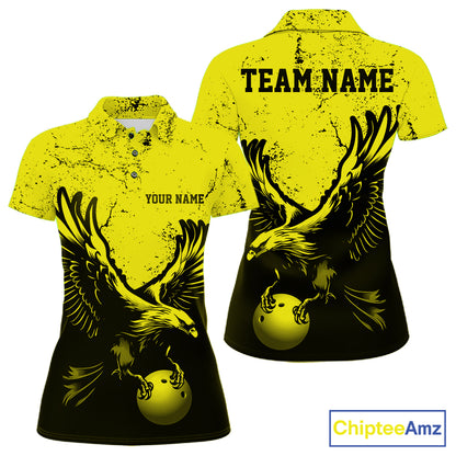 Custom Yellow Eagle Bowling Women Polo Shirt, Grunge Bowling Jersey Team Uniform IPHW12710