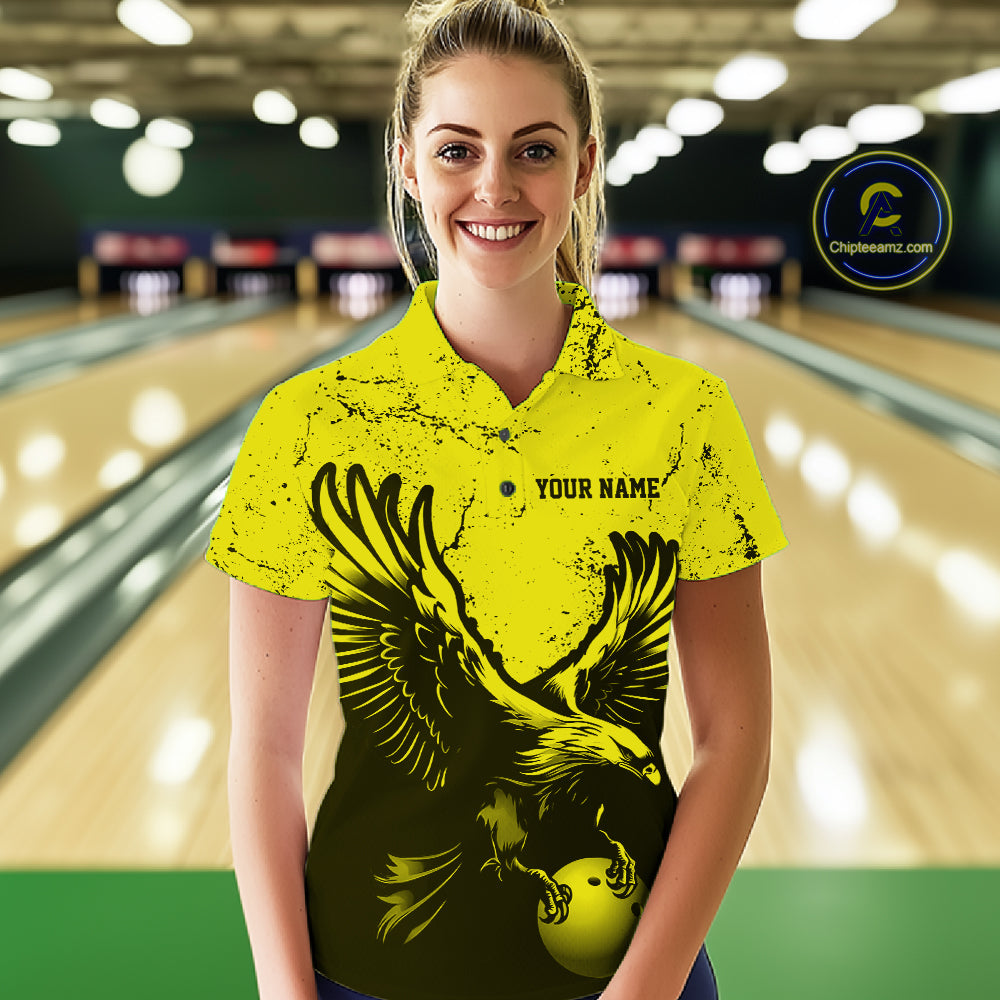 Custom Yellow Eagle Bowling Women Polo Shirt, Grunge Bowling Jersey Team Uniform IPHW12710