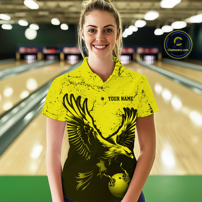 Custom Yellow Eagle Bowling Women Polo Shirt, Grunge Bowling Jersey Team Uniform IPHW12710