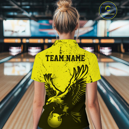 Custom Yellow Eagle Bowling Women Polo Shirt, Grunge Bowling Jersey Team Uniform IPHW12710