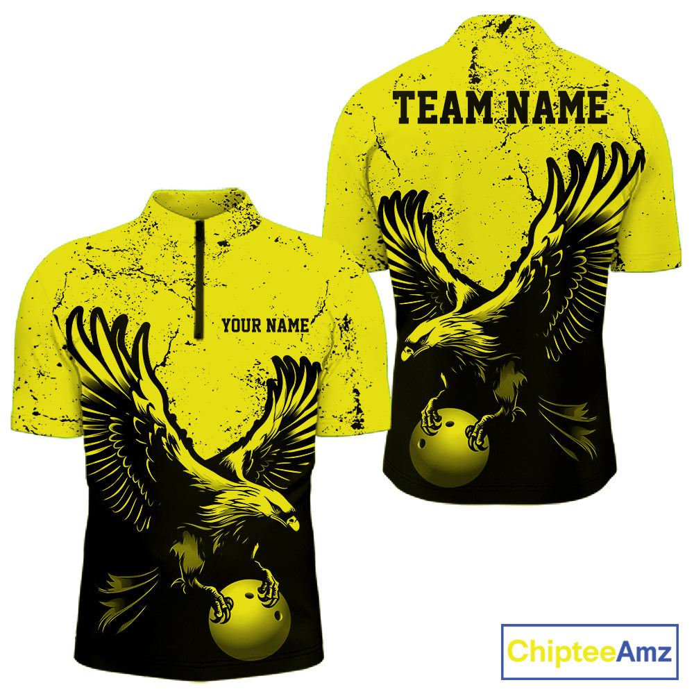 Custom Yellow Eagle Bowling Men Quarter Zip Shirt, Grunge Bowling Jersey Team Uniform IPHW12710