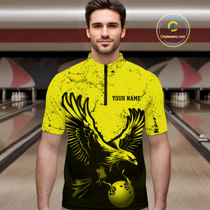 Custom Yellow Eagle Bowling Men Quarter Zip Shirt, Grunge Bowling Jersey Team Uniform IPHW12710