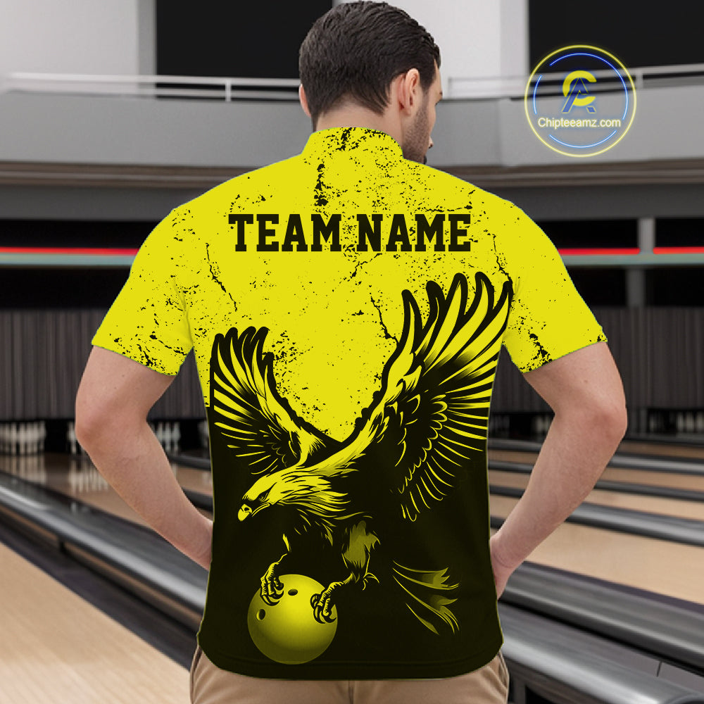Custom Yellow Eagle Bowling Men Quarter Zip Shirt, Grunge Bowling Jersey Team Uniform IPHW12710