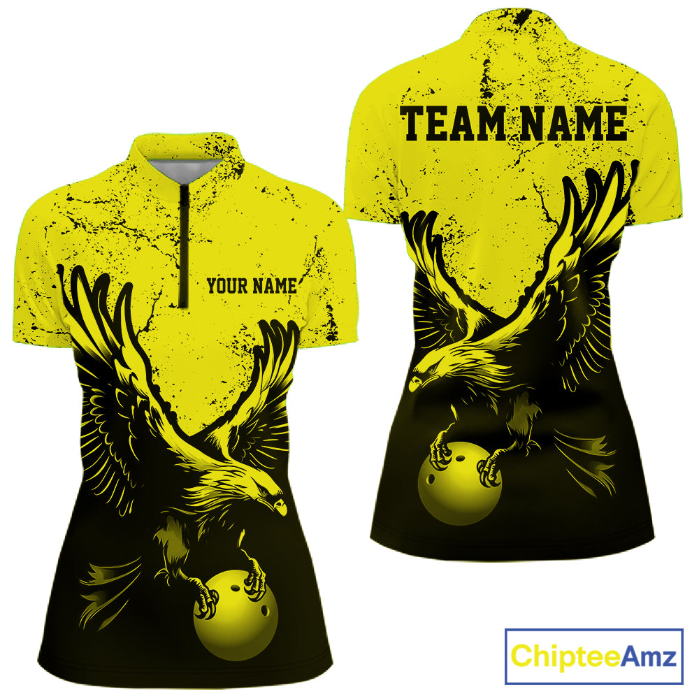 Custom Yellow Eagle Bowling Women Quarter-Zip Shirt, Grunge Bowling Jersey Team Uniform IPHW12710