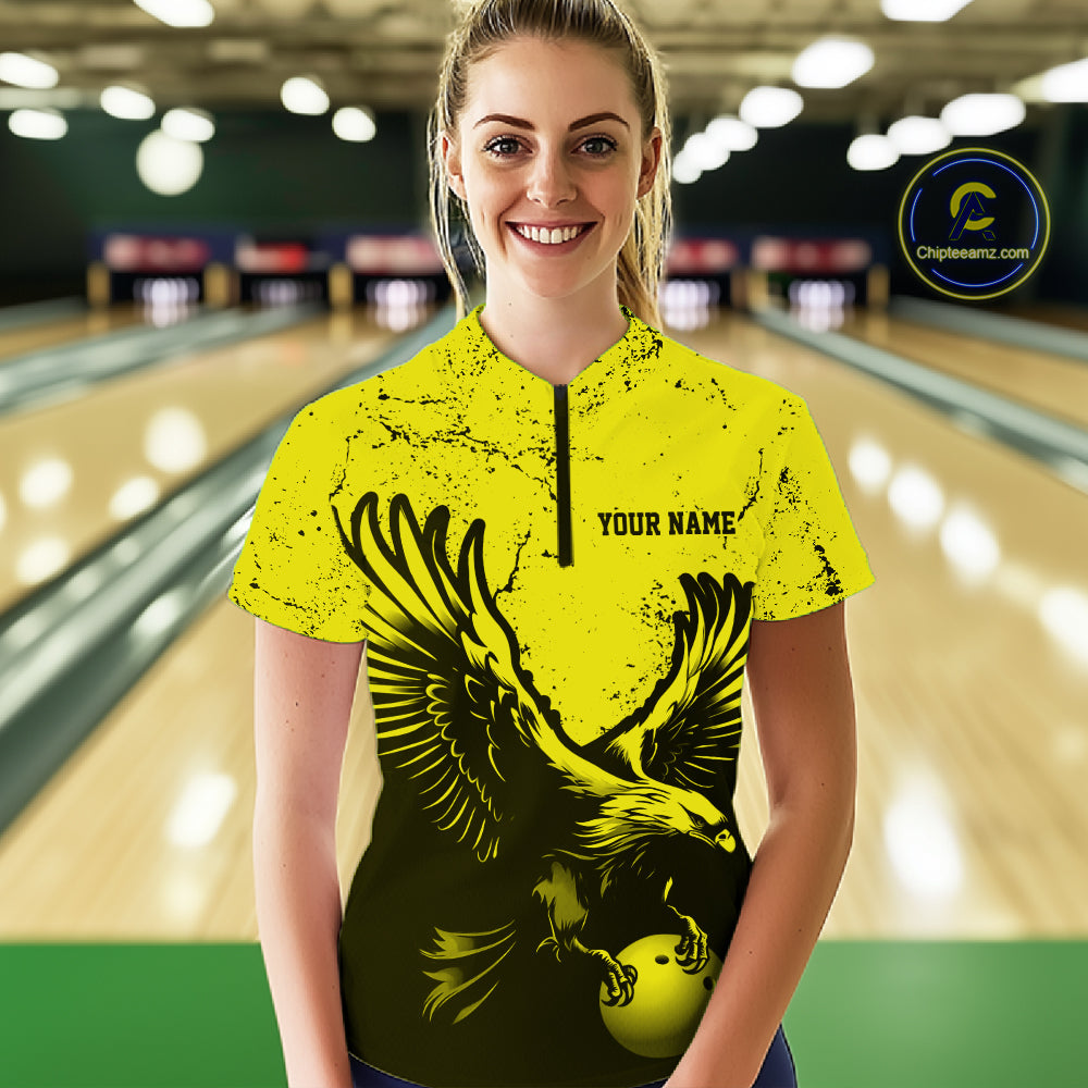 Custom Yellow Eagle Bowling Women Quarter-Zip Shirt, Grunge Bowling Jersey Team Uniform IPHW12710