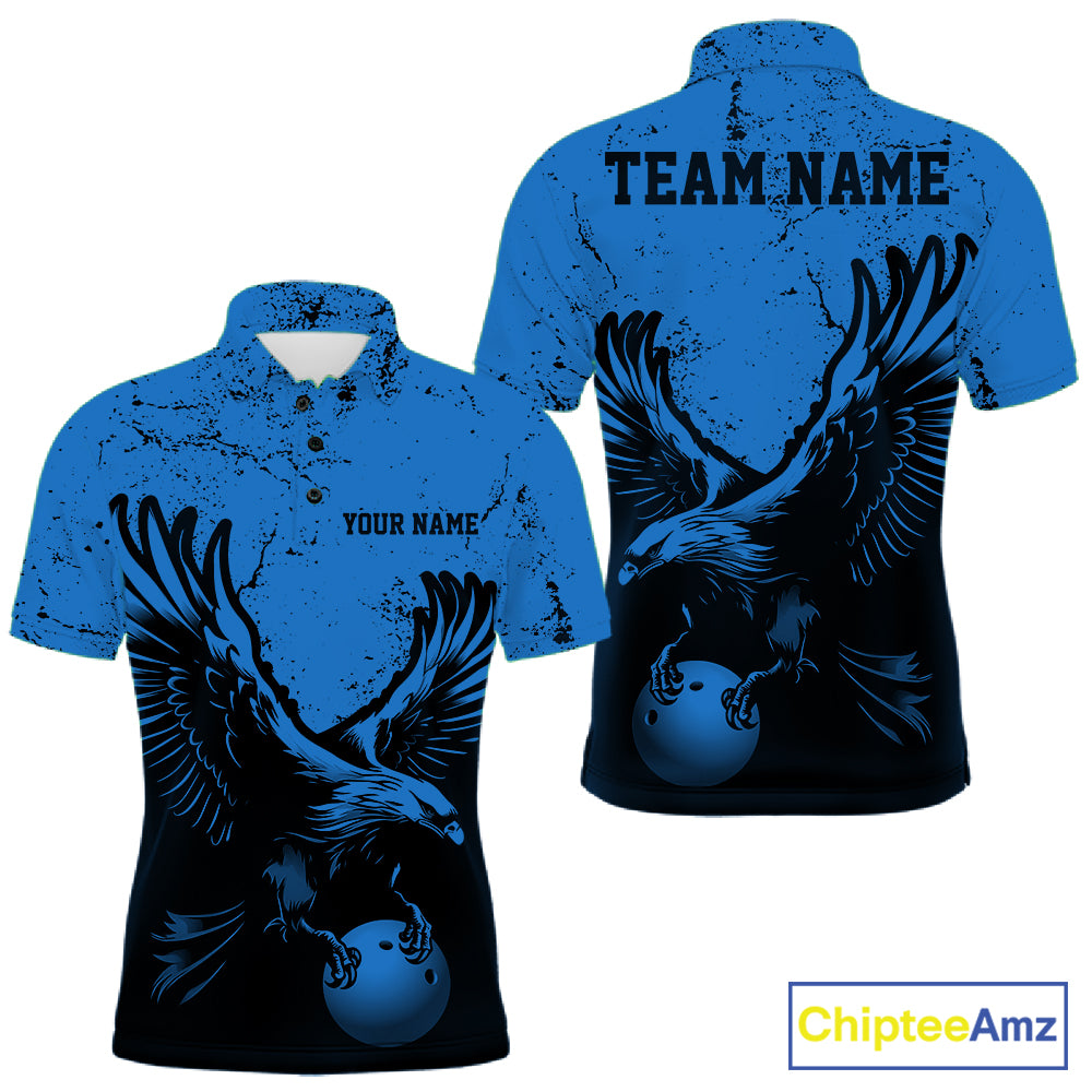 Custom Royal Blue Eagle Bowling Men Polo Shirt, Grunge Bowling Jersey Team Uniform IPHW12711