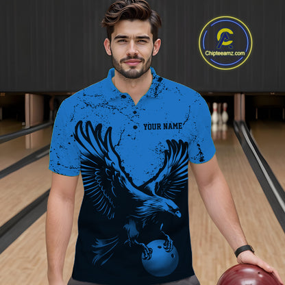 Custom Royal Blue Eagle Bowling Men Polo Shirt, Grunge Bowling Jersey Team Uniform IPHW12711