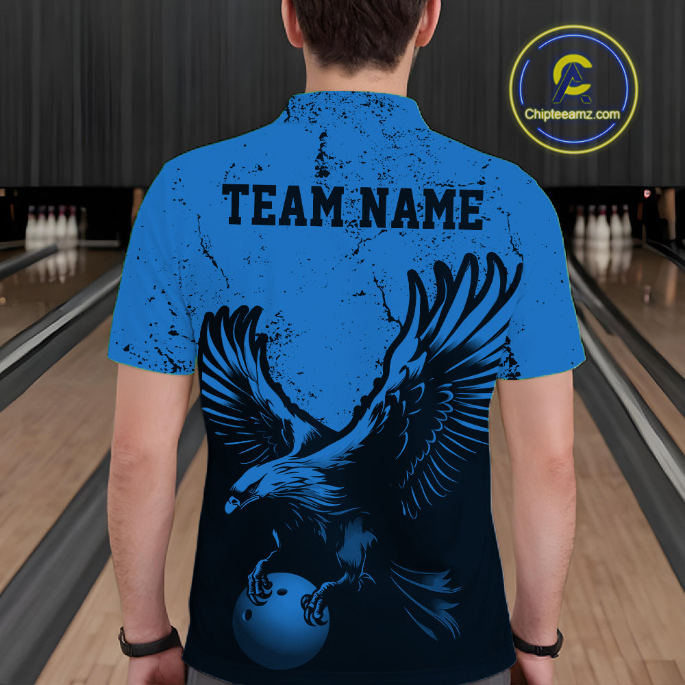 Custom Royal Blue Eagle Bowling Men Polo Shirt, Grunge Bowling Jersey Team Uniform IPHW12711