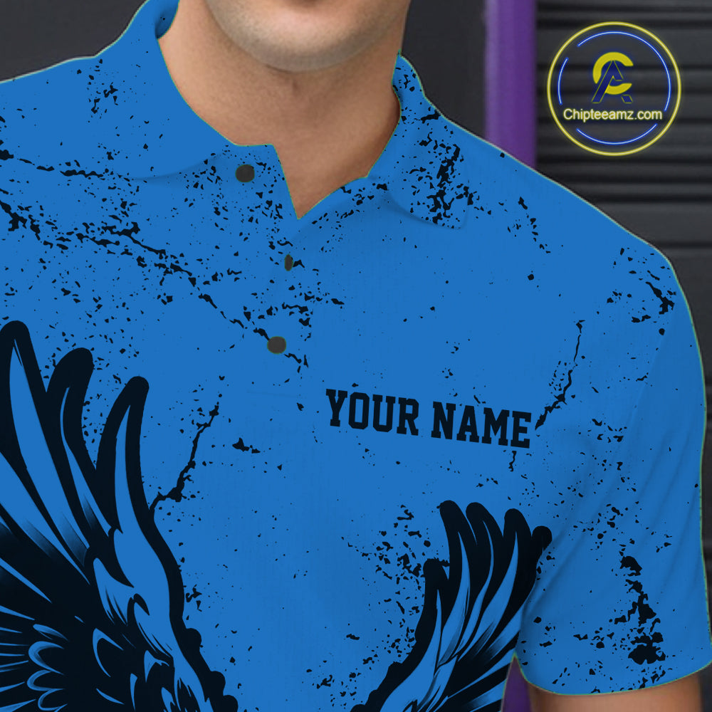 Custom Royal Blue Eagle Bowling Men Polo Shirt, Grunge Bowling Jersey Team Uniform IPHW12711
