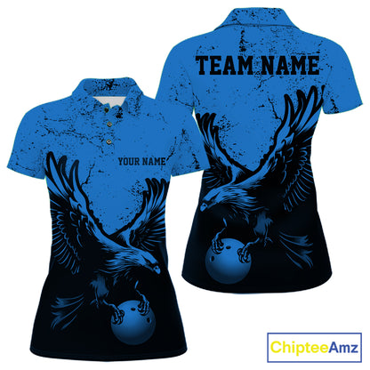 Custom Royal Blue Eagle Bowling Women Polo Shirt, Grunge Bowling Jersey Team Uniform IPHW12711