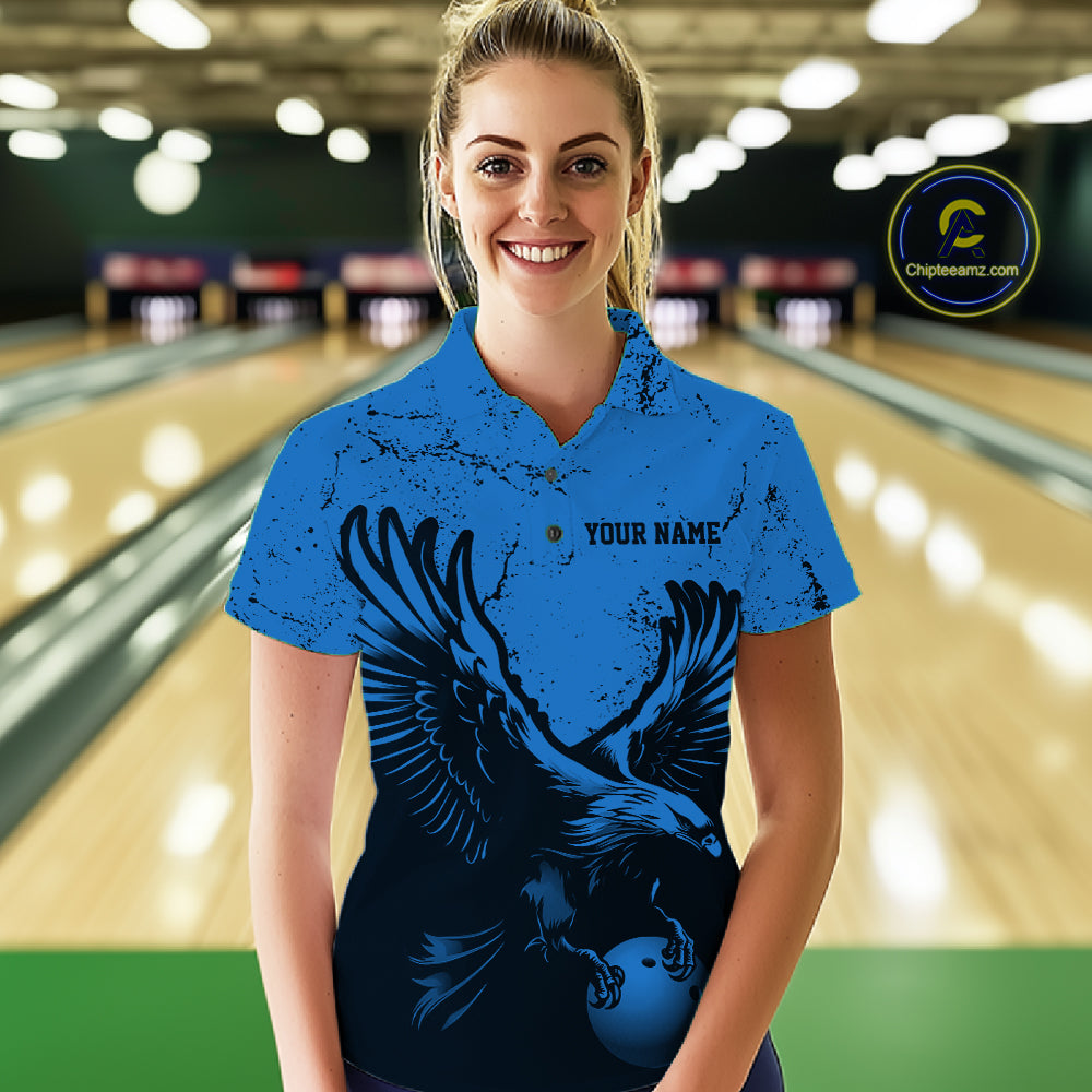 Custom Royal Blue Eagle Bowling Women Polo Shirt, Grunge Bowling Jersey Team Uniform IPHW12711