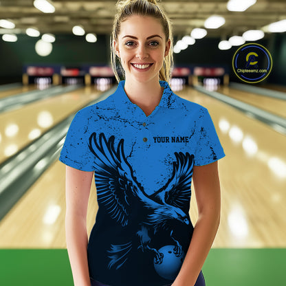 Custom Royal Blue Eagle Bowling Women Polo Shirt, Grunge Bowling Jersey Team Uniform IPHW12711