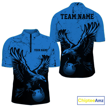 Custom Royal Blue Eagle Bowling Men Quarter Zip Shirt, Grunge Bowling Jersey Team Uniform IPHW12711