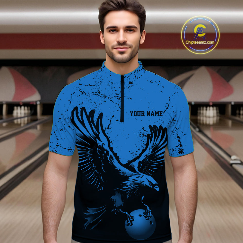 Custom Royal Blue Eagle Bowling Men Quarter Zip Shirt, Grunge Bowling Jersey Team Uniform IPHW12711