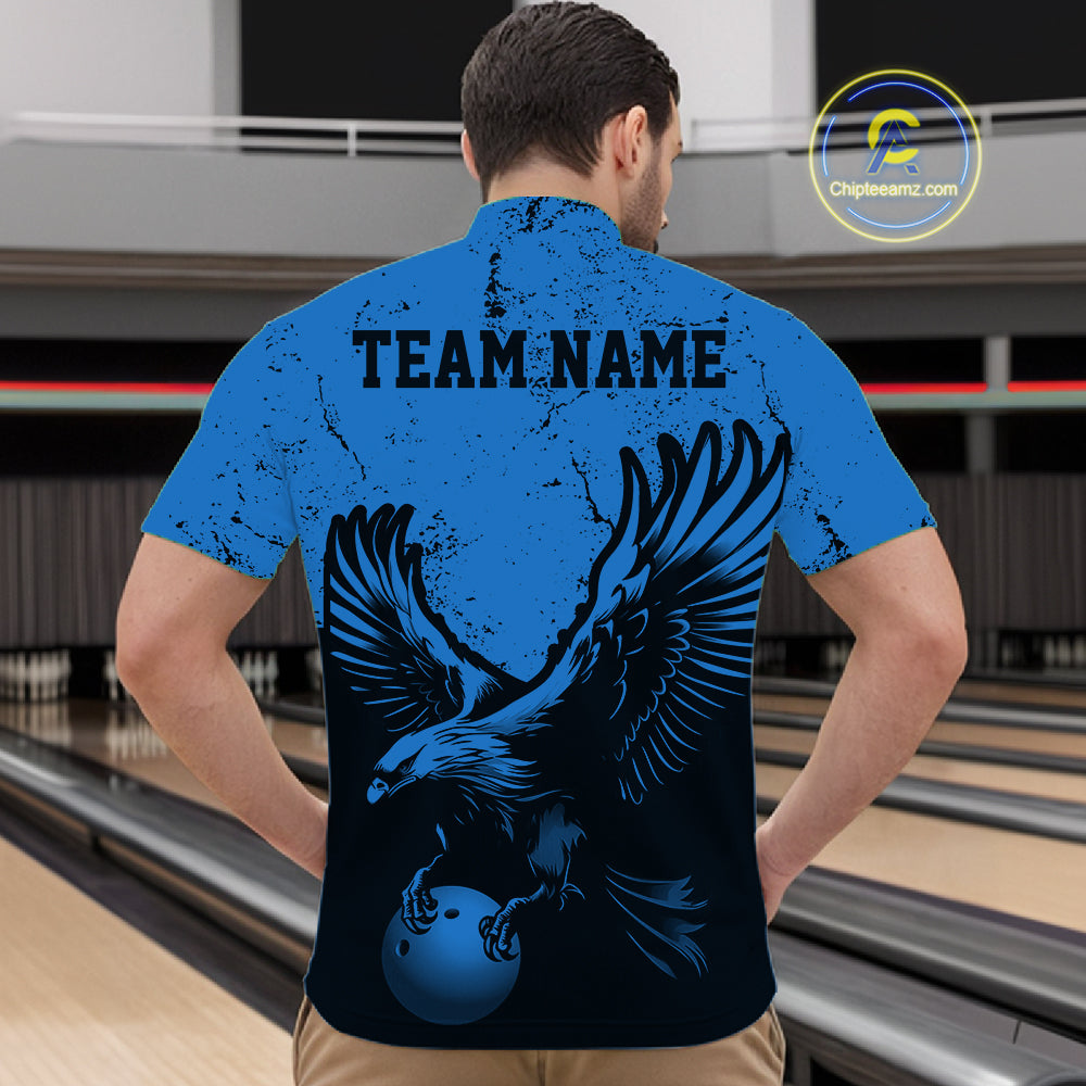 Custom Royal Blue Eagle Bowling Men Quarter Zip Shirt, Grunge Bowling Jersey Team Uniform IPHW12711