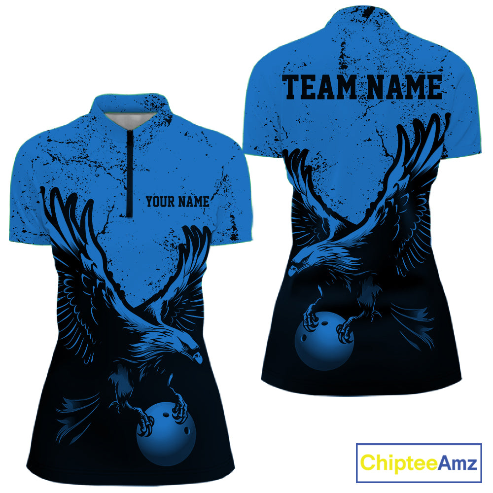 Custom Royal Blue Eagle Bowling Women Quarter-Zip Shirt, Grunge Bowling Team Jersey IPHW12711