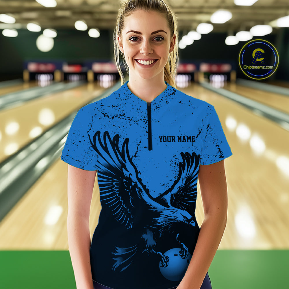 Custom Royal Blue Eagle Bowling Women Quarter-Zip Shirt, Grunge Bowling Team Jersey IPHW12711