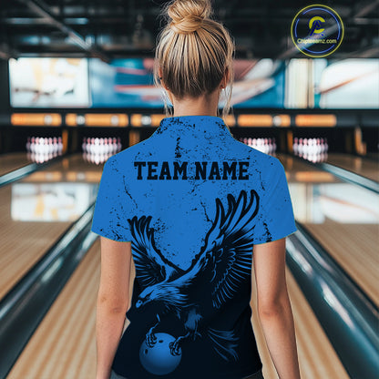 Custom Royal Blue Eagle Bowling Women Quarter-Zip Shirt, Grunge Bowling Team Jersey IPHW12711