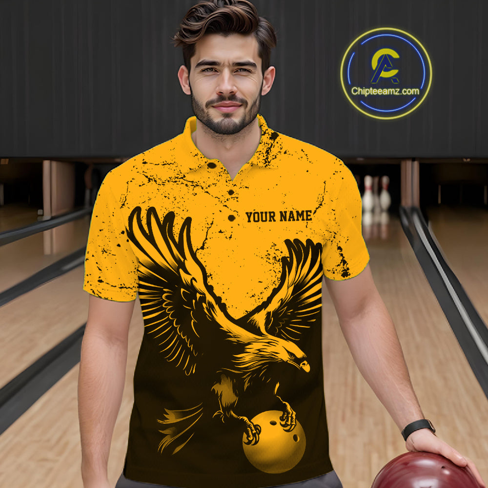 Custom Amber Orange Eagle Bowling Men Polo, Grunge Bowling Jersey Team Uniform IPHW12712