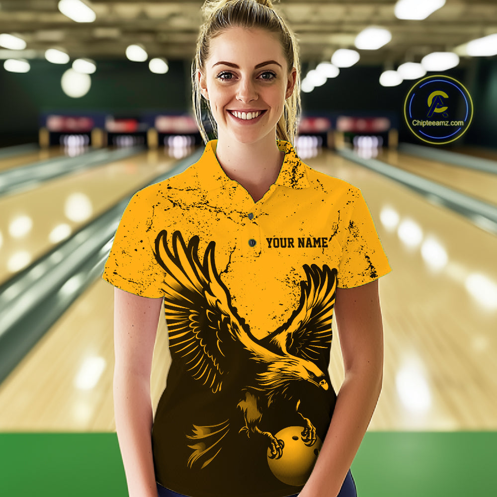 Custom Amber Orange Eagle Bowling Women Polo, Grunge Bowling Jersey Team Uniform IPHW12712