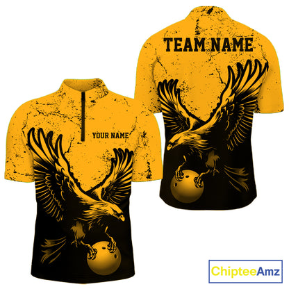 Custom Amber Orange Eagle Bowling Men Quarter Zip, Grunge Bowling Jersey Team Uniform IPHW12712