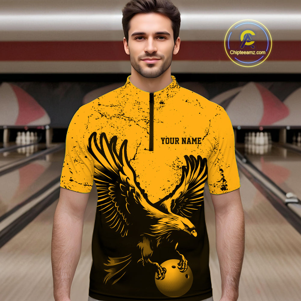 Custom Amber Orange Eagle Bowling Men Quarter Zip, Grunge Bowling Jersey Team Uniform IPHW12712
