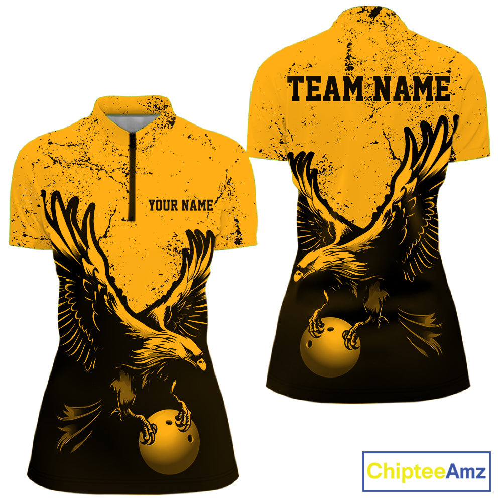 Custom Amber Orange Eagle Bowling Women Quarter-Zip, Grunge Bowling Jersey Team Uniform IPHW12712